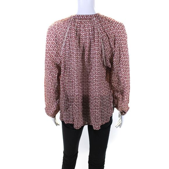 Charlie Joe Womens Long Sleeve Y Neck Chiffon Top Blouse Red Ivory Size XS - Picture 3 of 5